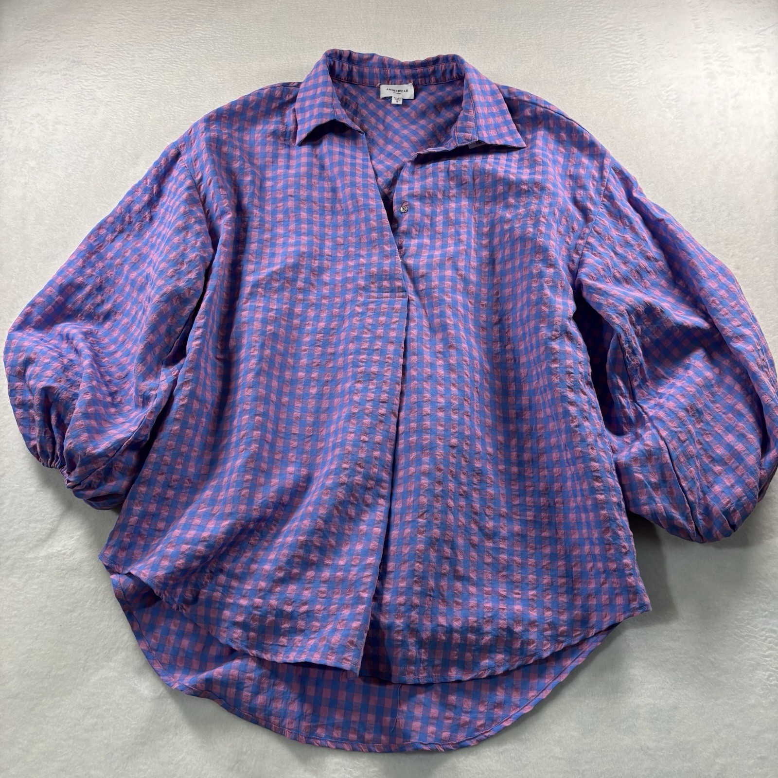 Boho meets Lux ANNIEWEAR Women’s S Blue Pink Check Collared Puff Sleeve Blouse