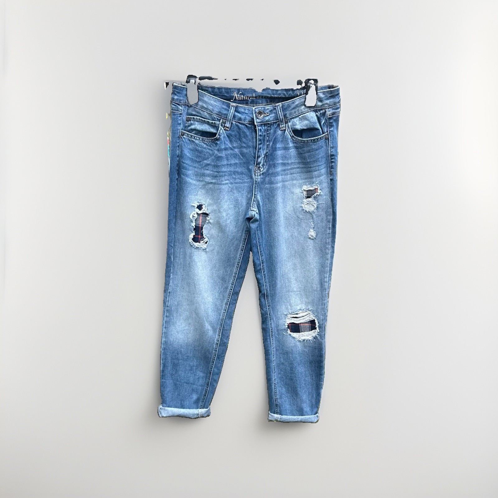 Women’s Natural Reflections Vintage Reunion Straight Leg Jeans W/ Plaid Patches