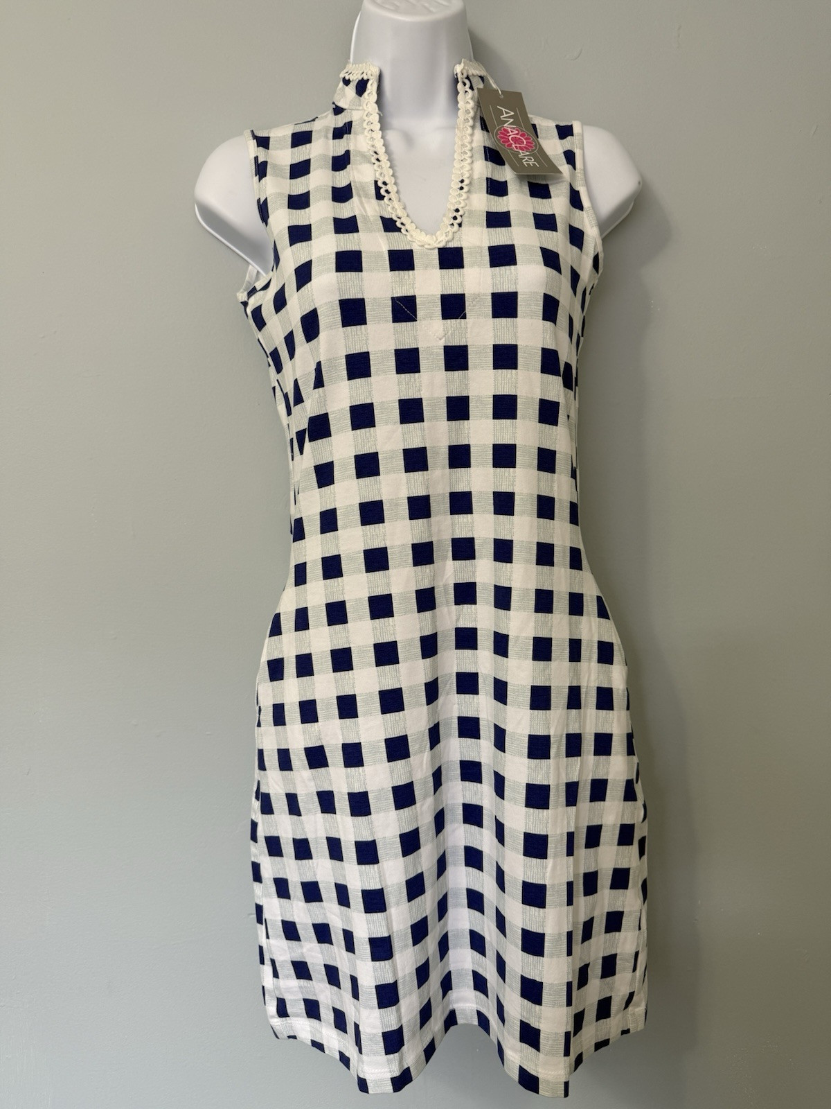 ANA CLARE WOMEN’S LAYTON TANK GINGHAM DRESS XS NAVY WHITE MULTI NEW NWT