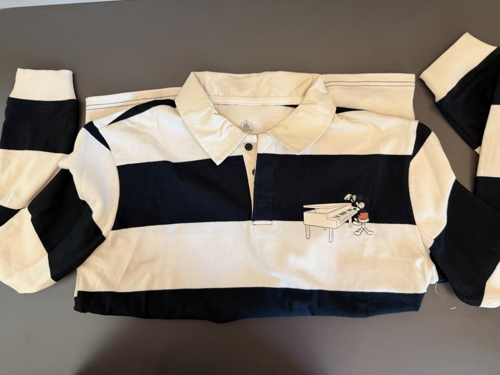 Disney Mickey Mouse Men’s M Long Sleeve Rugby Polo Black/White Striped