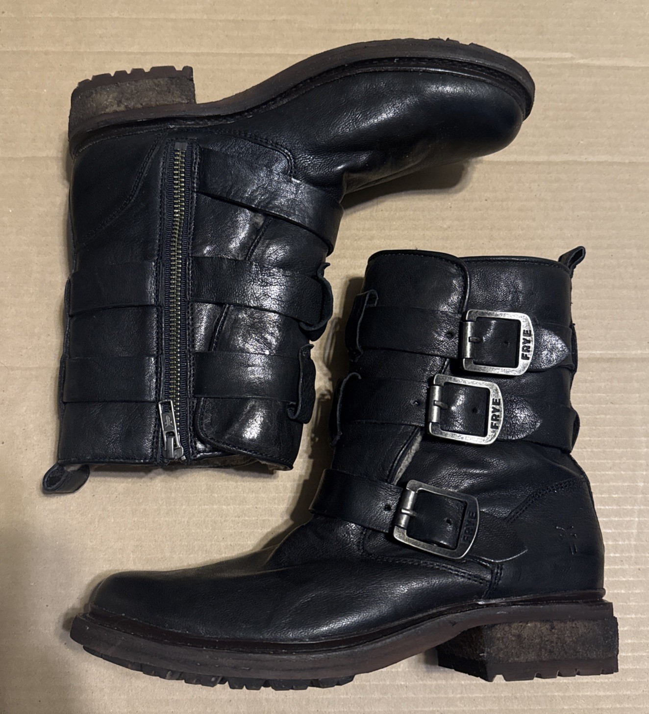 Frye Valerie Leather Strappy Buckle Moto Side Zip Shearling Lined Boot 7 Black