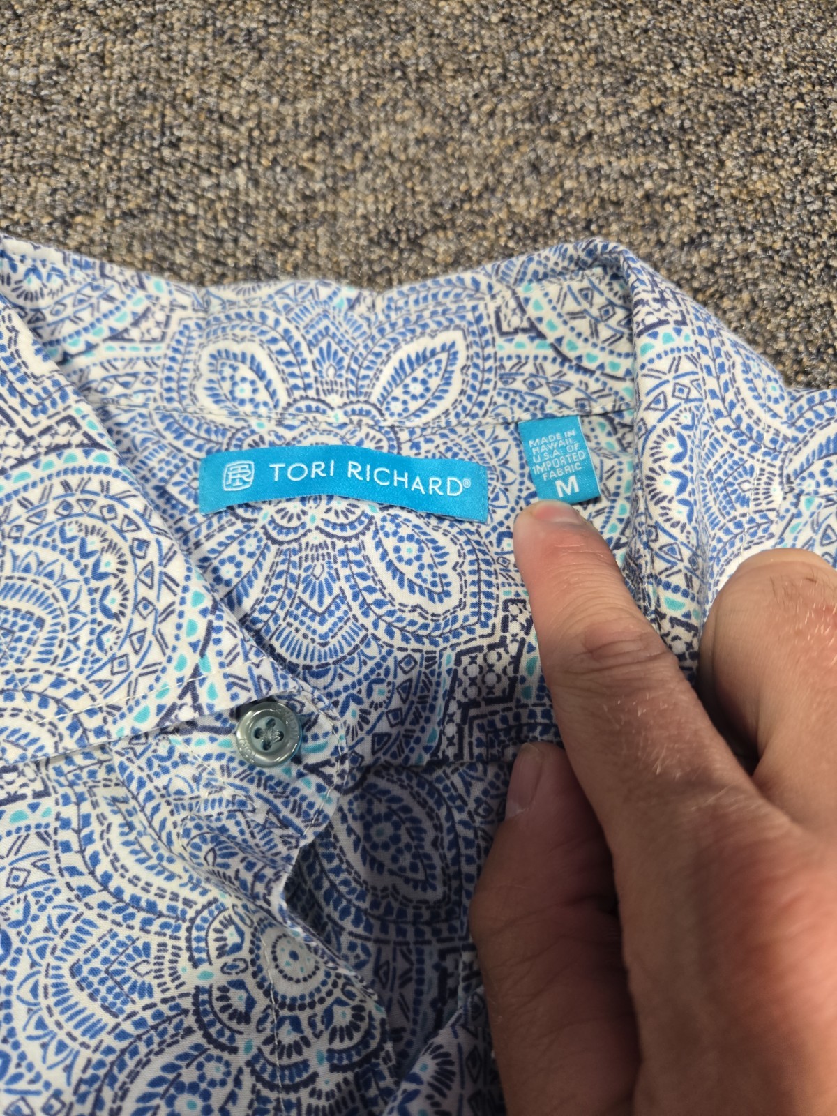 Tori Richard Hawaiian Shirt Mens Medium Palm Blue Print Cotton
