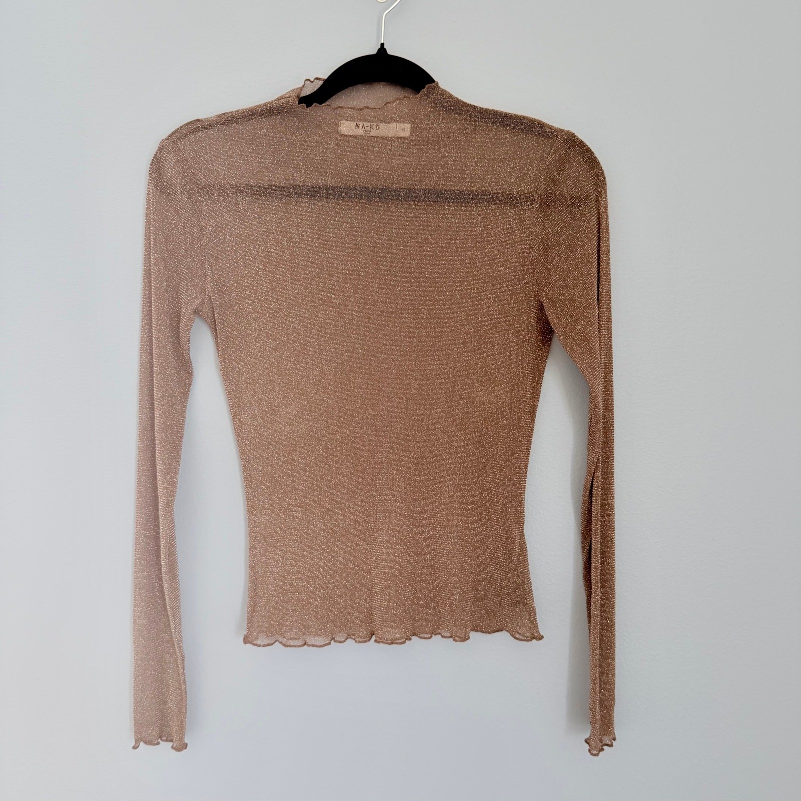 NA-KD Glittery High Neck Mesh Top – Sheer Long Sleeve Top – Size XS