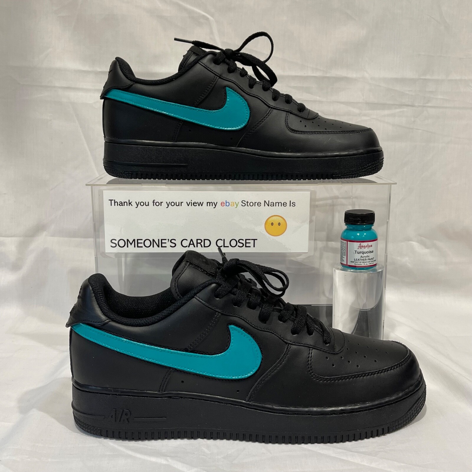 Nike Air Force 1 Low Black (Turquoise Custom Painted Swoosh) SC-#78B