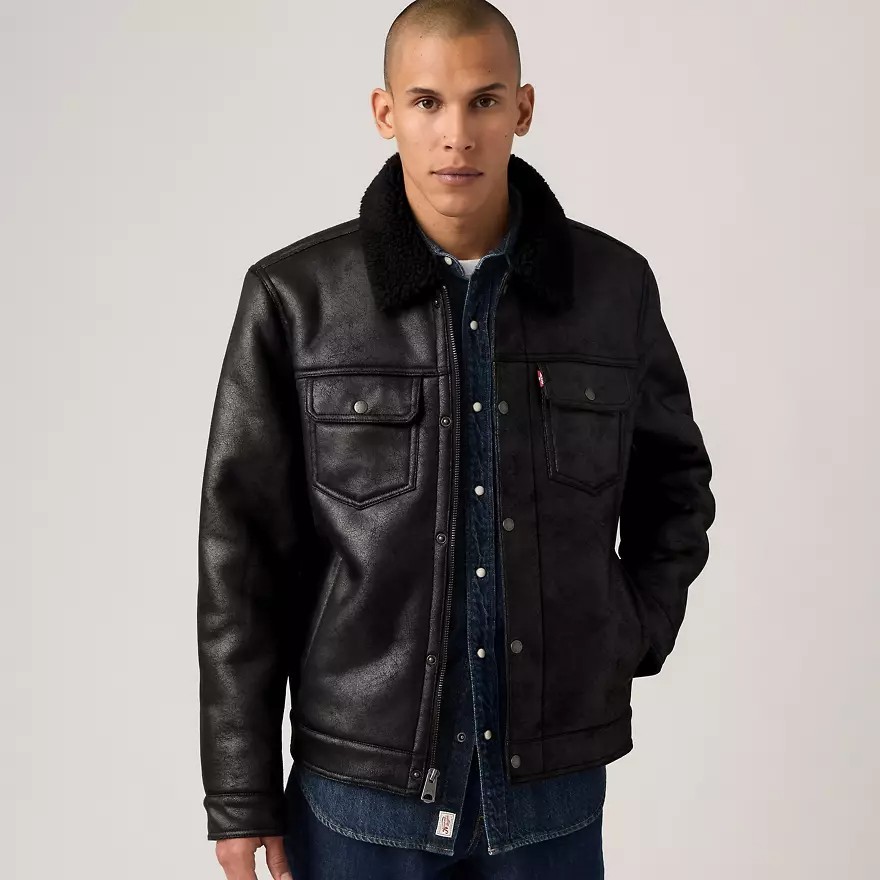 Levi’s Men’s Two Chest Pocket Faux Shearling Sherpa Collar Jacket Black US Size