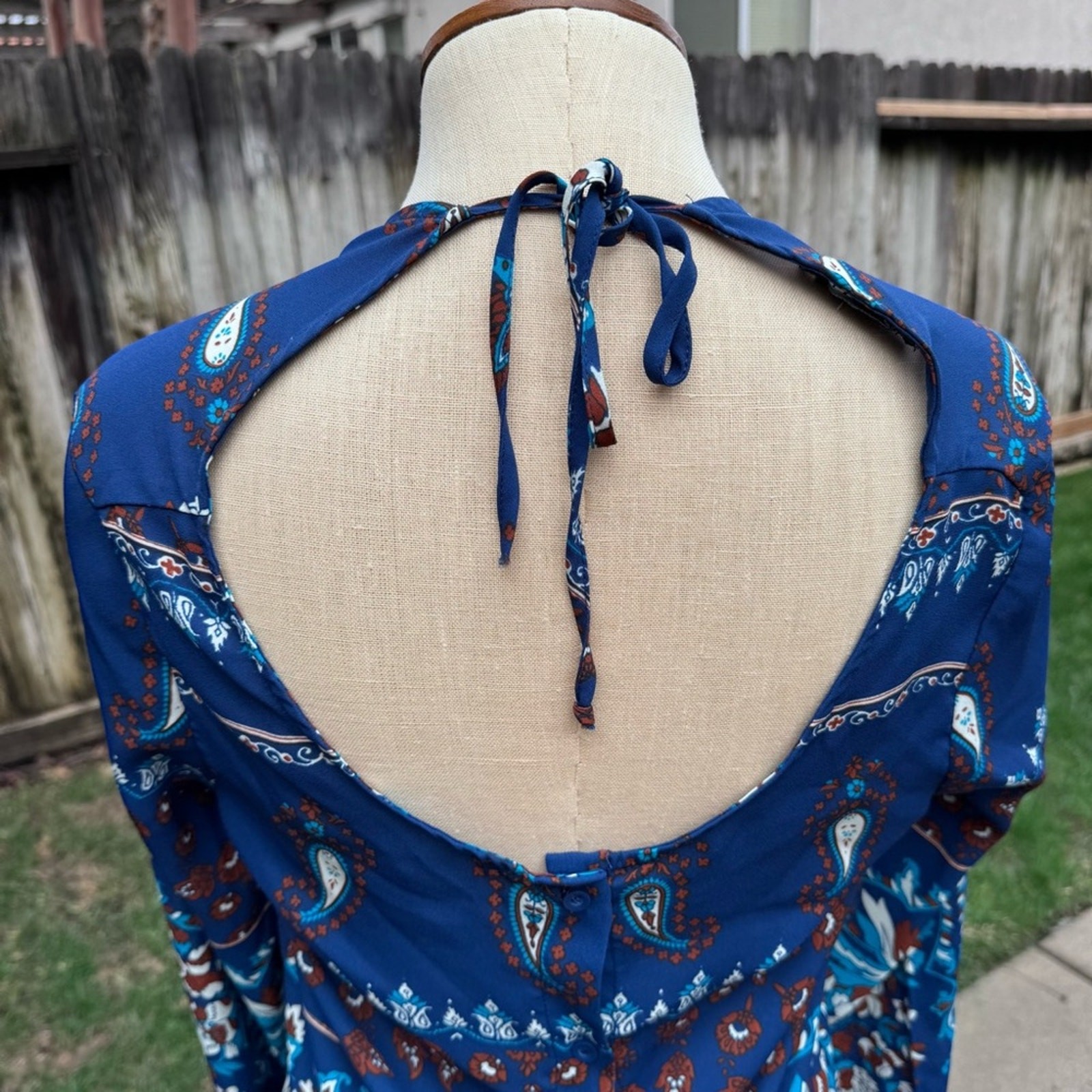 Timing Blue Paisley Boho Button Front Open Back Semi Sheer Blouse Women’s Size S