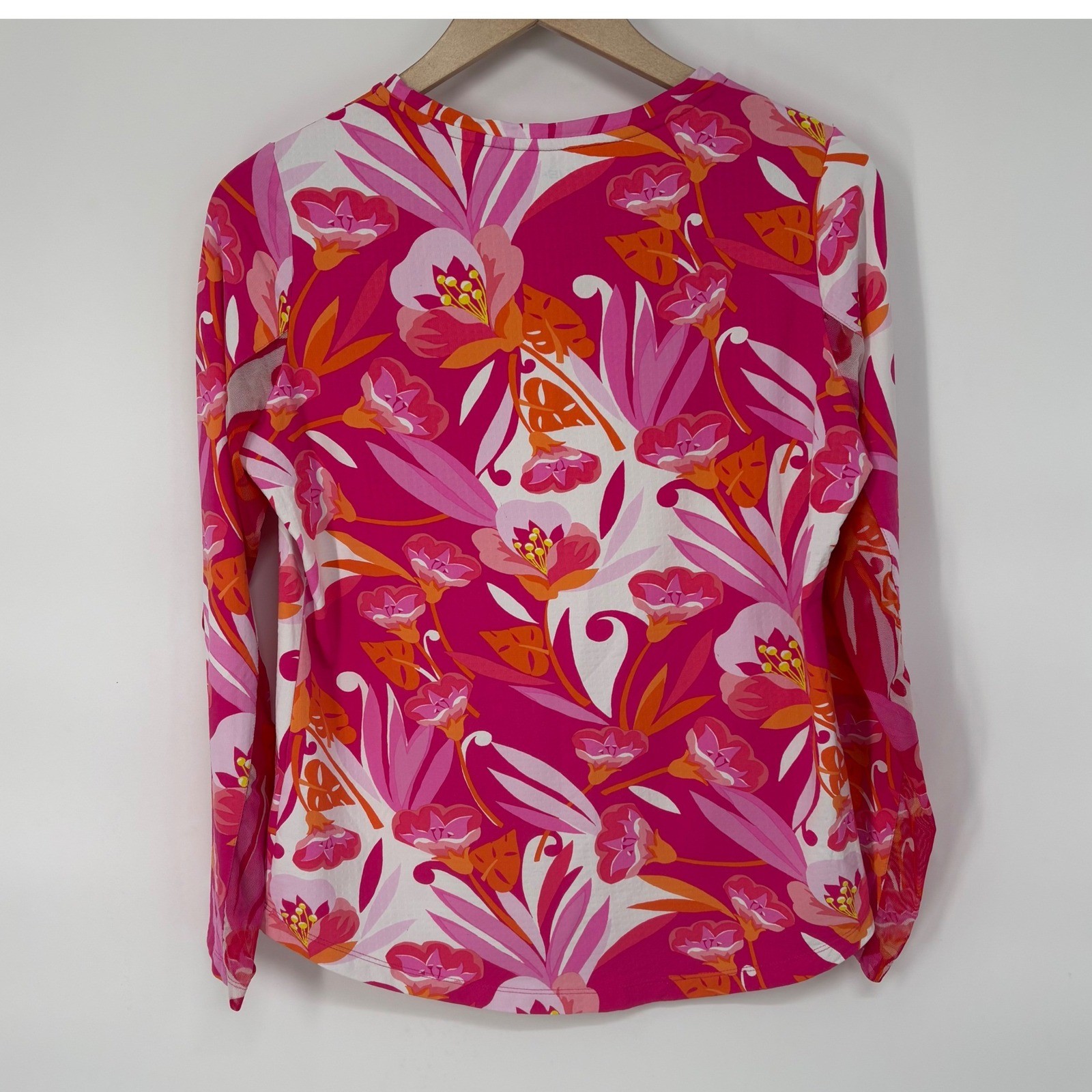 IBKUL Womens Medium Pink Orange Tropical Floral Mesh Vent Long Sleeve Golf Top