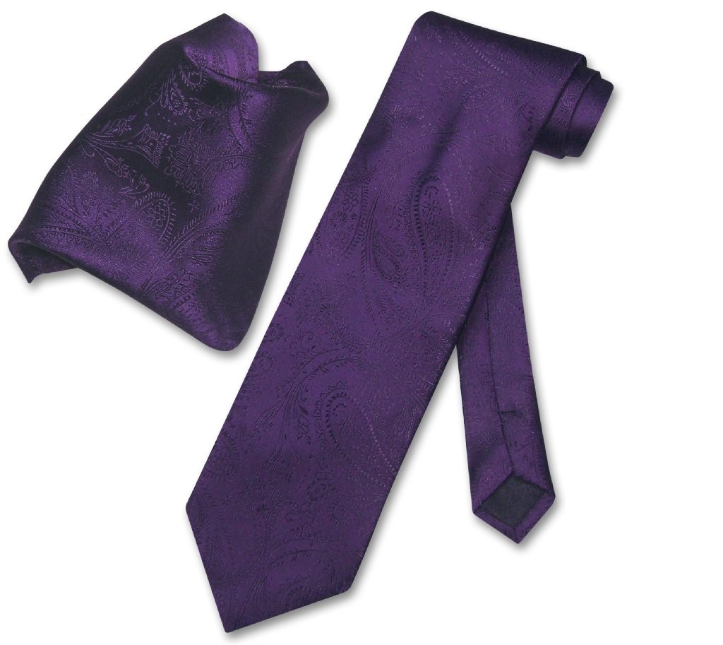 Vesuvio Napoli Dark Purple PAISLEY NeckTie Handkerchief Matching Neck Tie Set