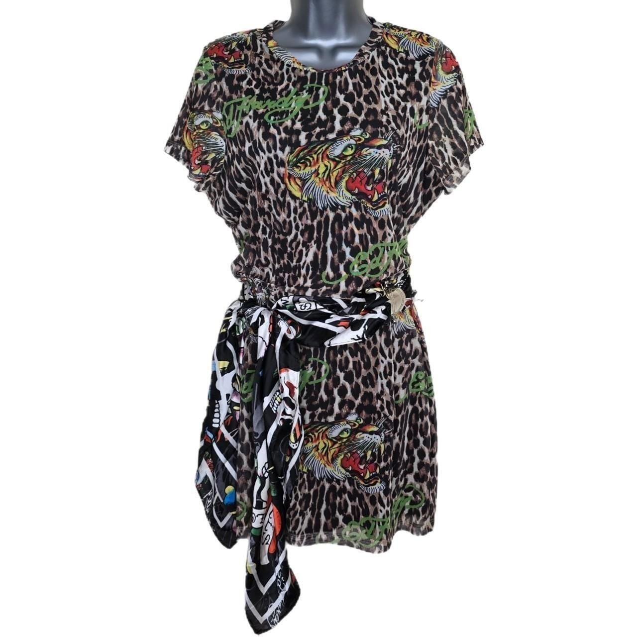 Ed Hardy Leopard Tiger Graphic Mesh Mini Dress with Scarf Belt