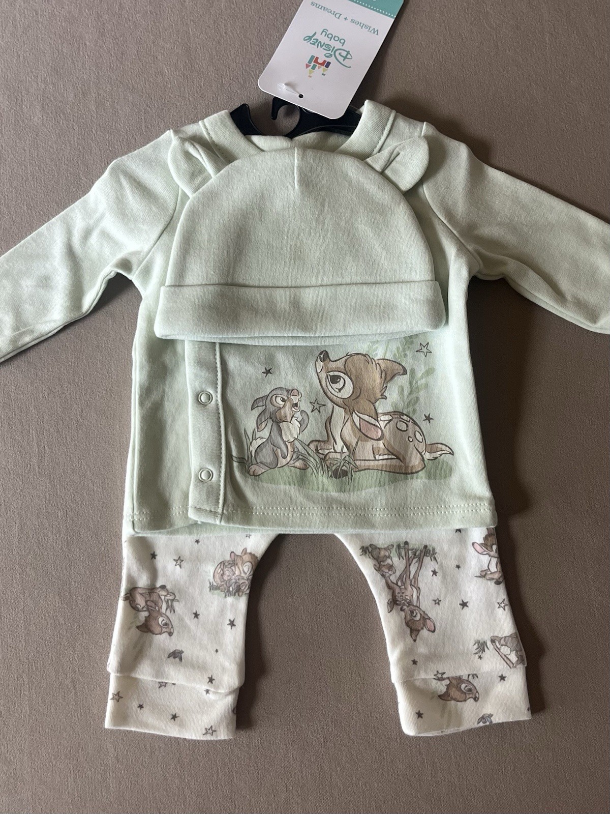 Disney Baby Unisex “Bambi & Thumper” Newborn Long-Sleeve Top, Pants & Bib, New!