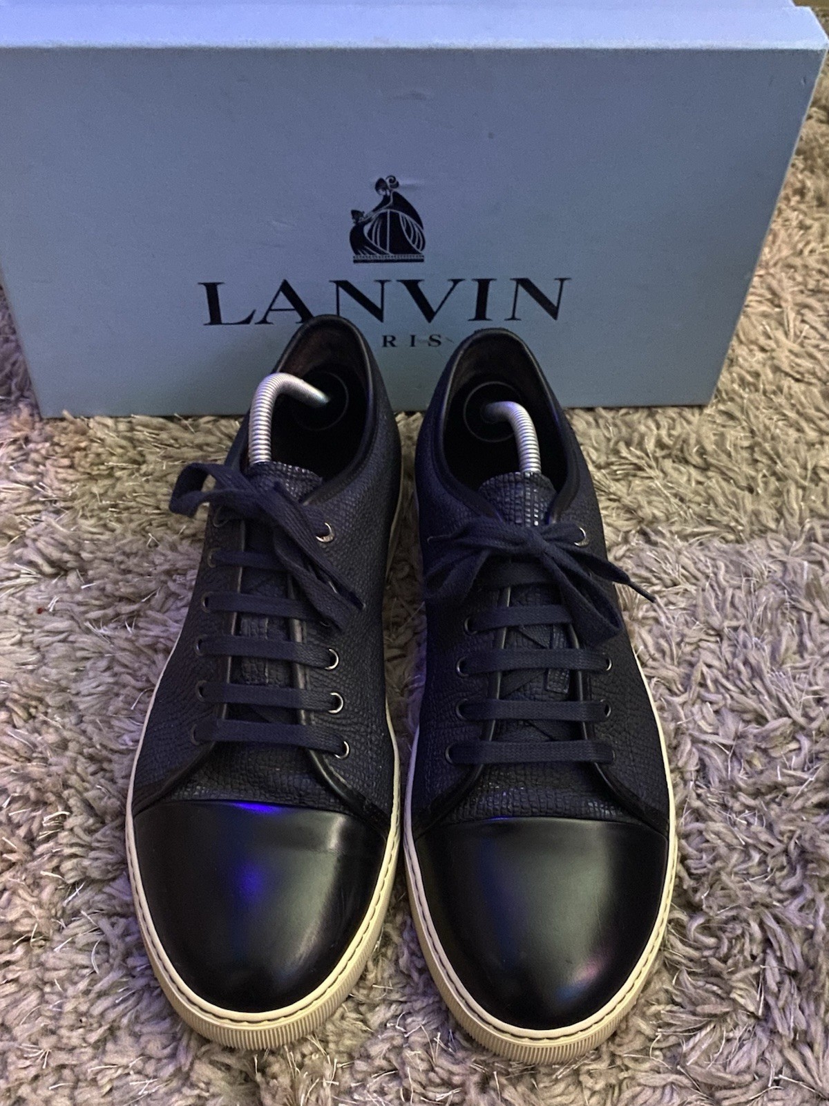 LANVIN Mens DBB1 Navy Embossed Leather Lace Up Sneakers Size UK 10 US 11