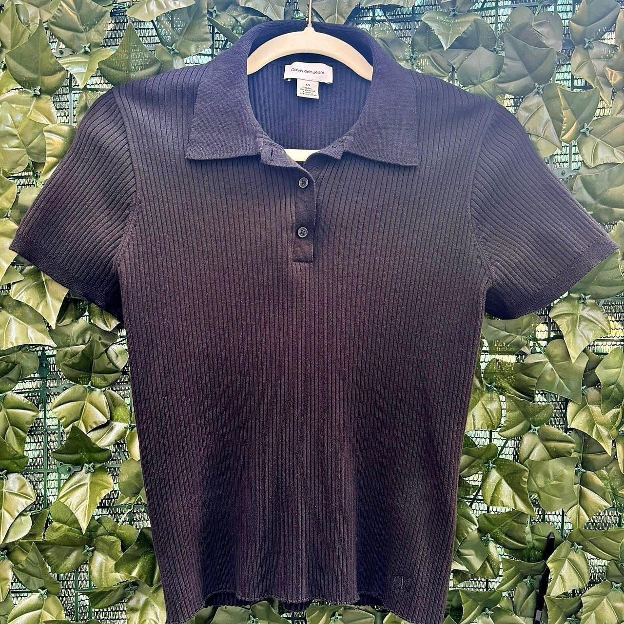 Calvin Klein Jeans Women’s Navy Ribbed Knit Polo Shirt, Short Sleeve, L