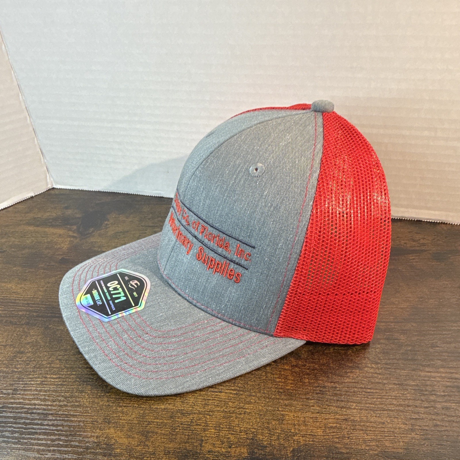 Outdoor Cap Gray/Red Colorblock Trucker Hat Mesh Back Adjustable One Size