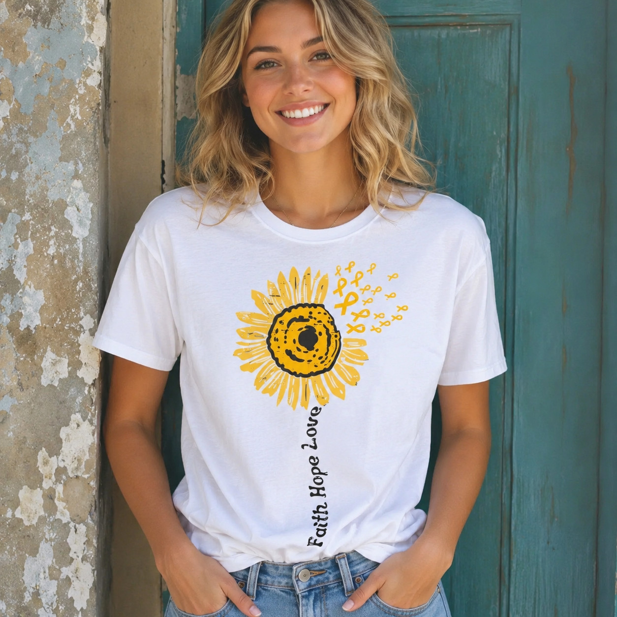 Women’s Faith Hope Love Sunflower Heart Graphic T-Shirt Christian Casual Tee