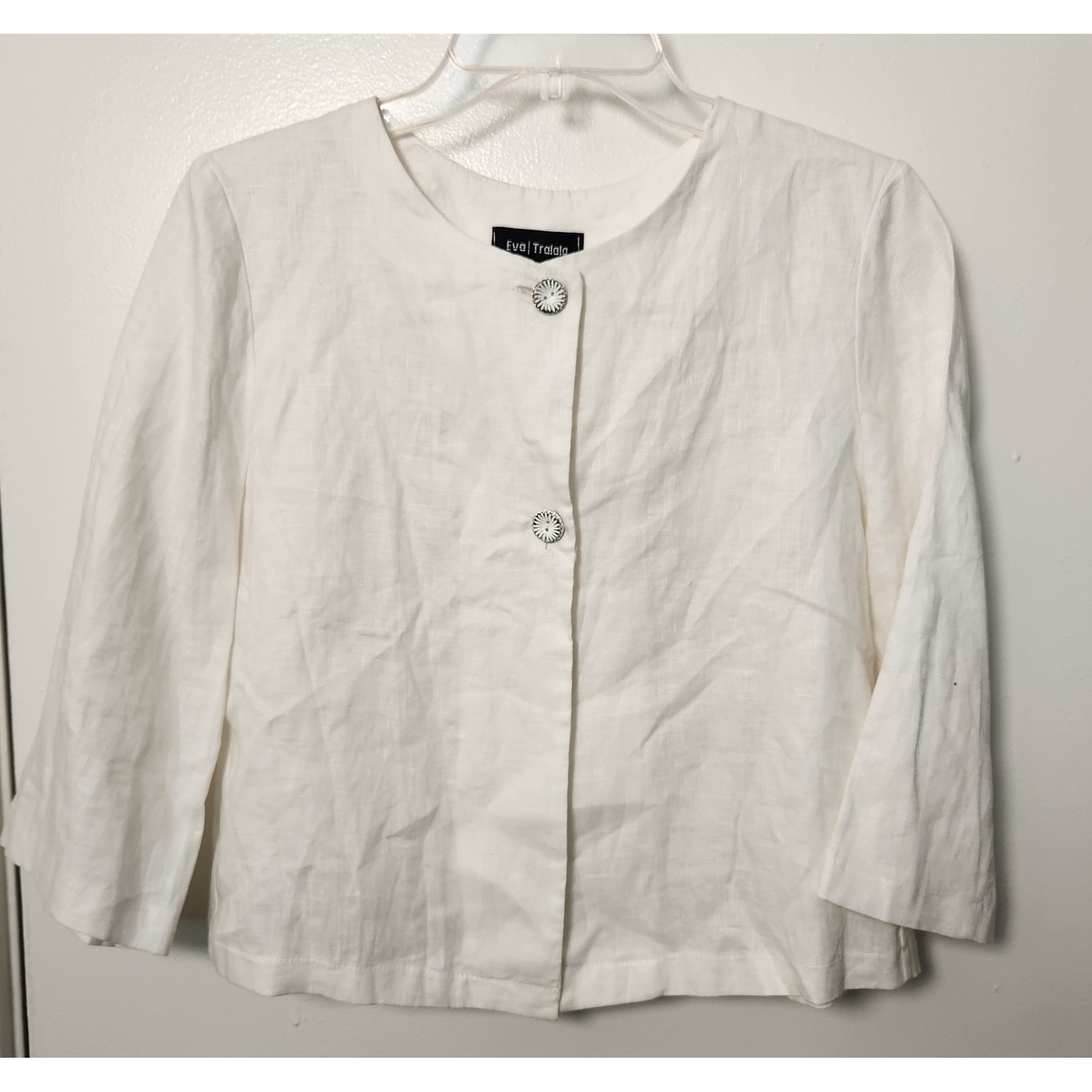 Eva Tralala White Linen French Crop Jacket Top 3/4 Sleeve Bow Pleated Paris Sm