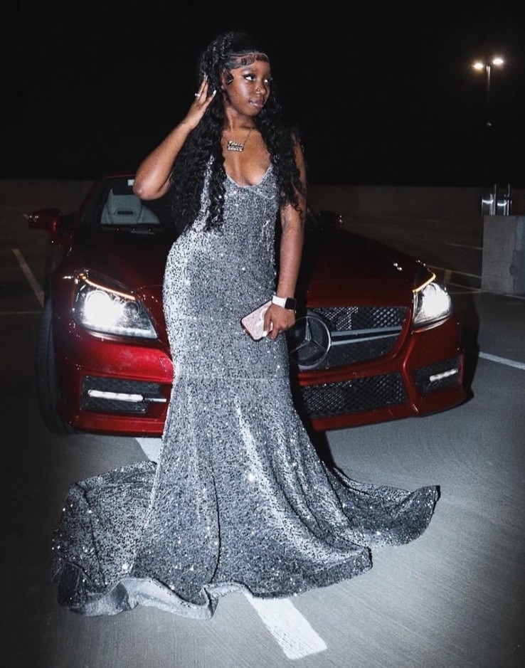 Women’s Silver Sequin V-Neck Mermaid Gown Long Formal Dress Straps
