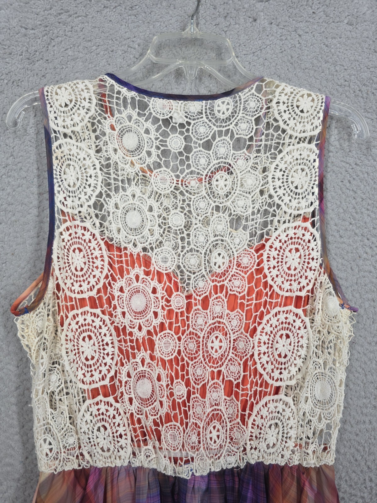 Plaid Fit And Flare Dress Medium GB Crochet Trim Orange Purple Sundress Knee Lgt