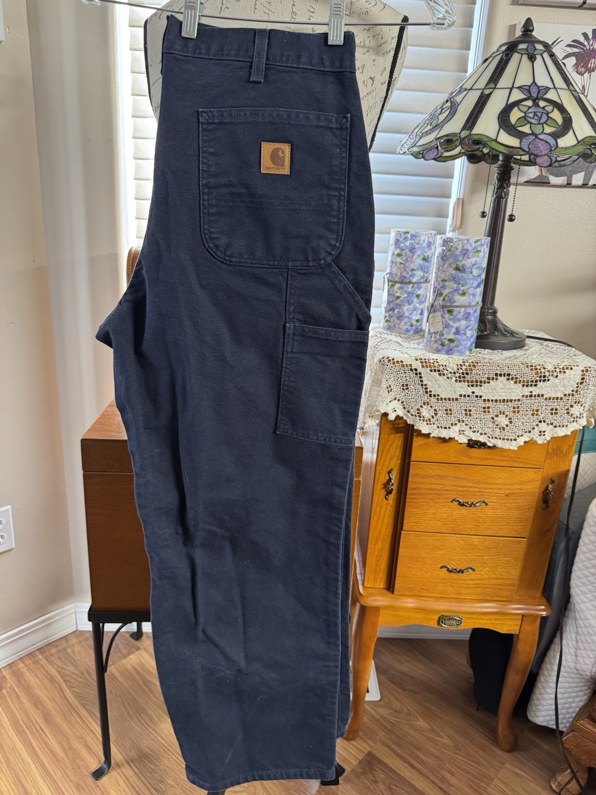 CARHARTT MENS 36X30 NAVY COTTON DENIM CARPENTER PANTS, FLAT FRONT, SLANT POCKETS