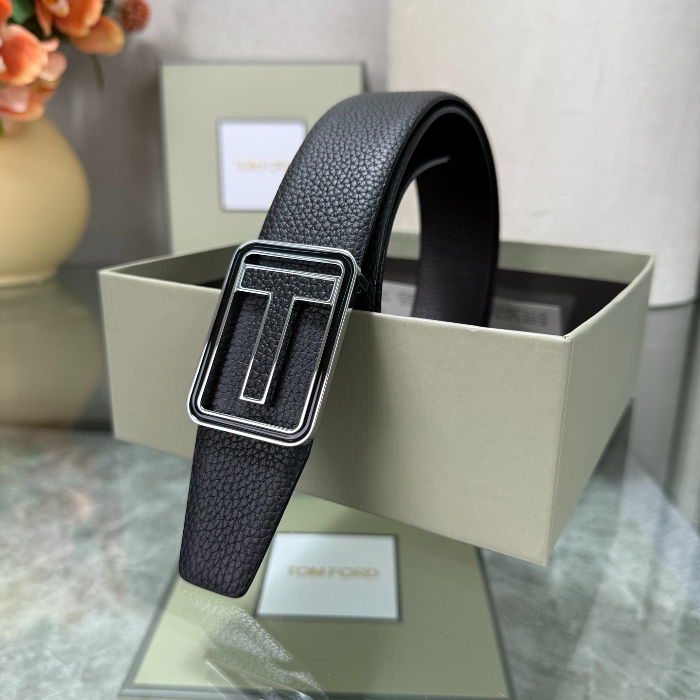 Authentic Tom Ford Reversible Leather T-Buckle Belt Luxury Designer Fashion
