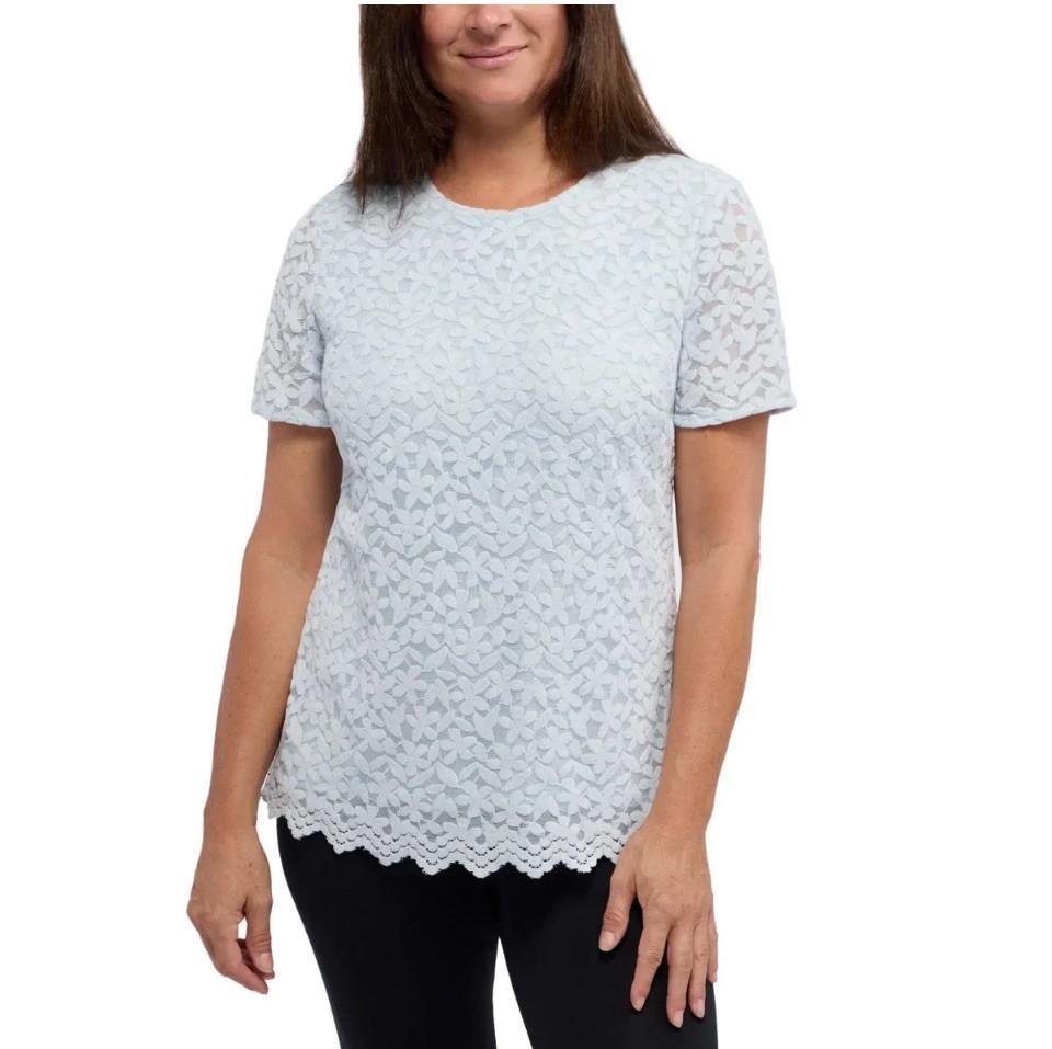 Teddi Rose Lace Overlay Short Sleeve Top, Women’s, Size L, Color Light Blue..