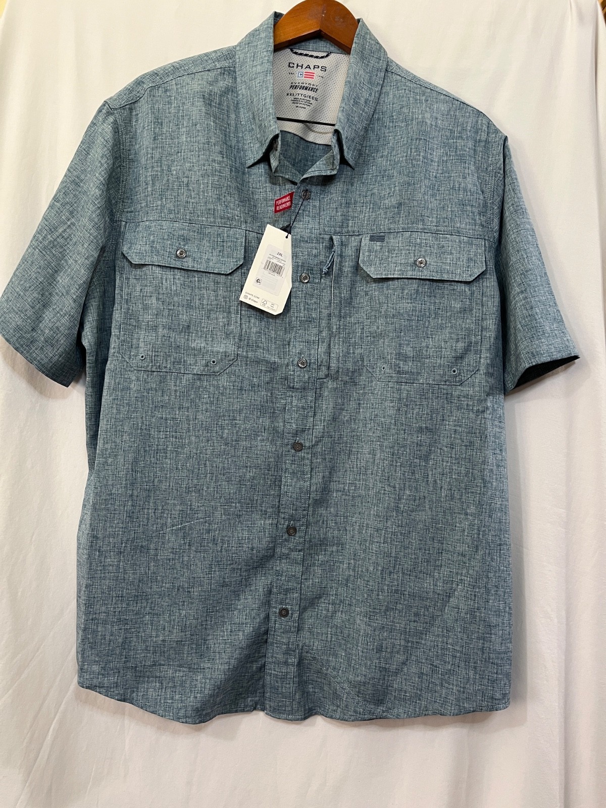 CHAPS Everyday Performance Mens Size L Short Sleeve Button Up Denim Blue New