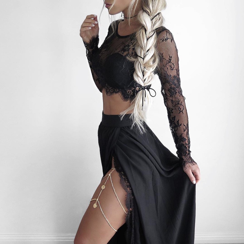 Trendy and Sexy Lace Mesh Sheer Crop Top with Long Sleeves Short Blouse