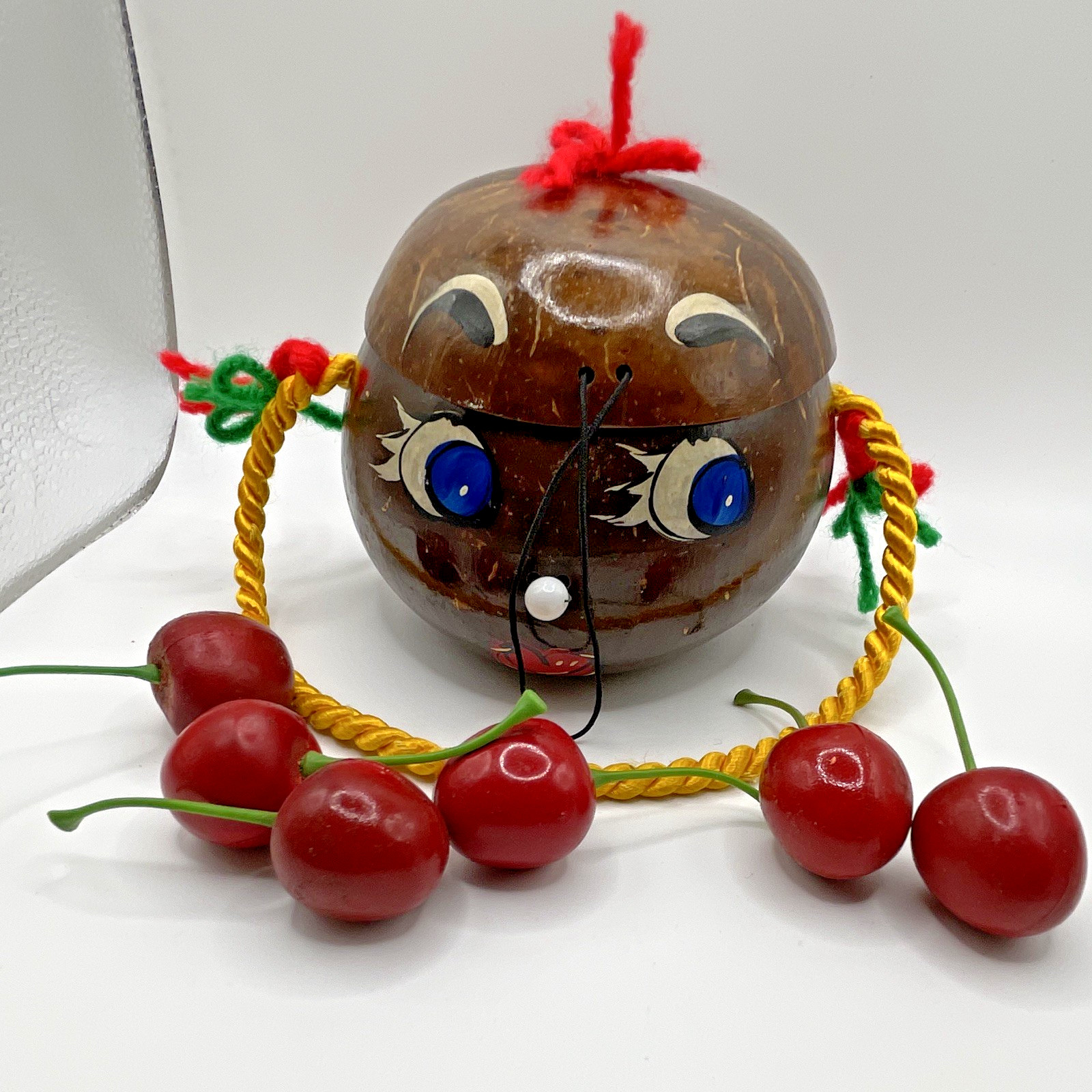 Vintage Hand Painted Coconut Shell Purse Novelty Souvenir w/ Cherries