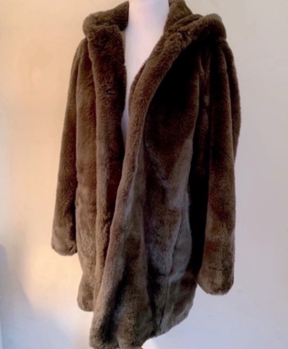 DKNY Olive Green Faux Fur Hooded Shawl Collar Coat