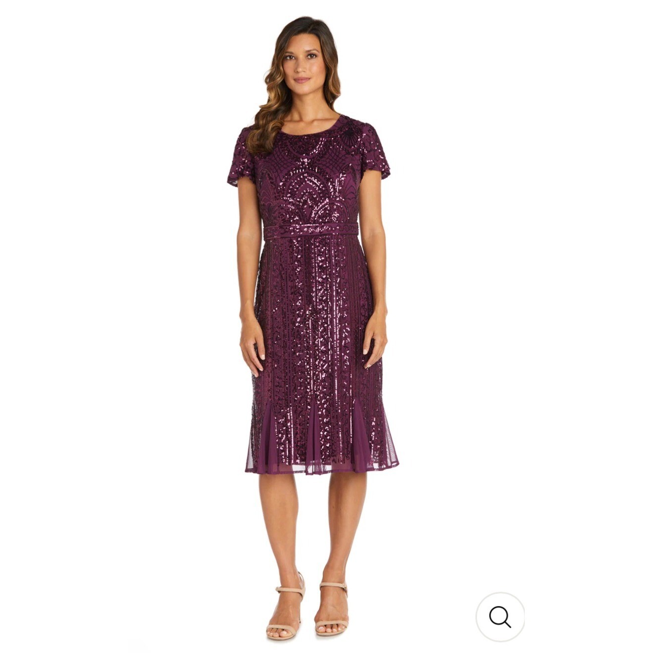 NWT R & M Richards Plum Midi Length Mesh Sequin Dress w/ Godet Insets Size 10