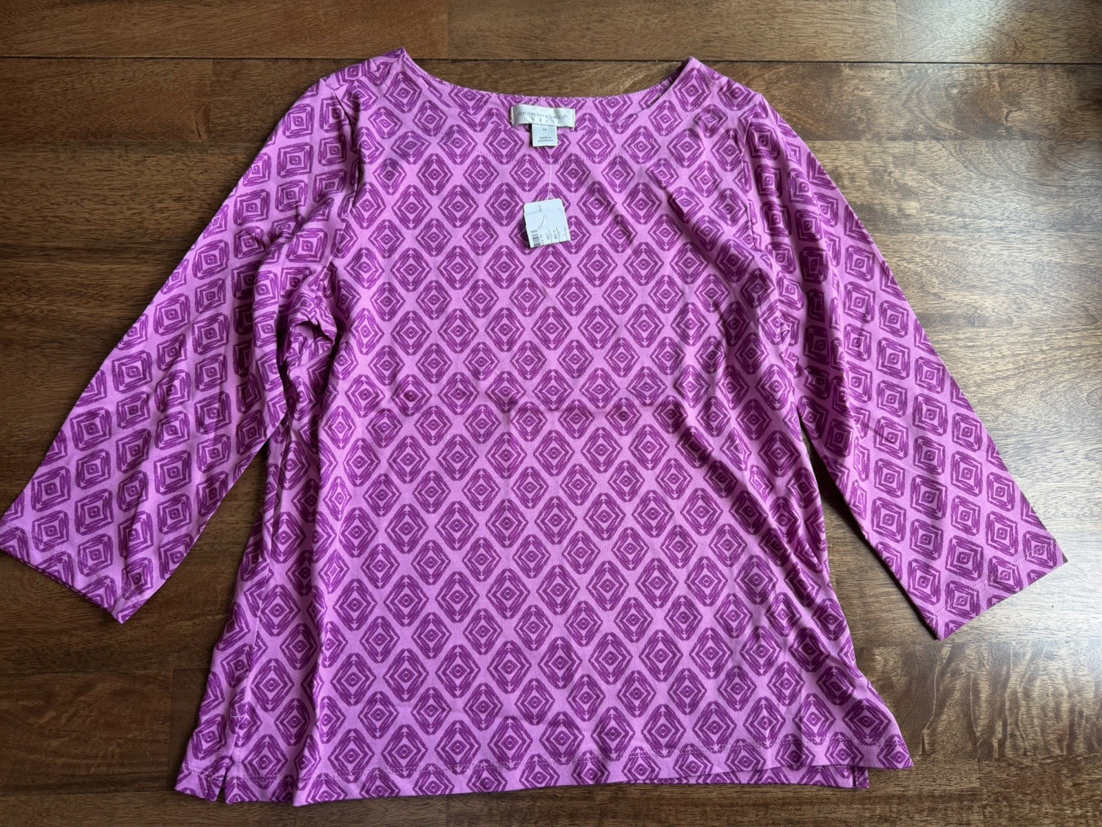 Christopher & Banks Women’s M Purple Geometric Knit Top Boat Neck 3/4 Sleeve
