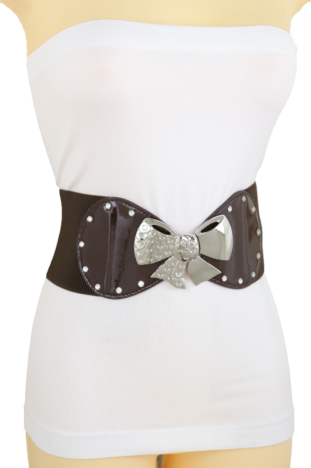 Women Dark Brown Wide Old School Fun Belt Silver Metal Bow Tie Ribbon Buckle S M