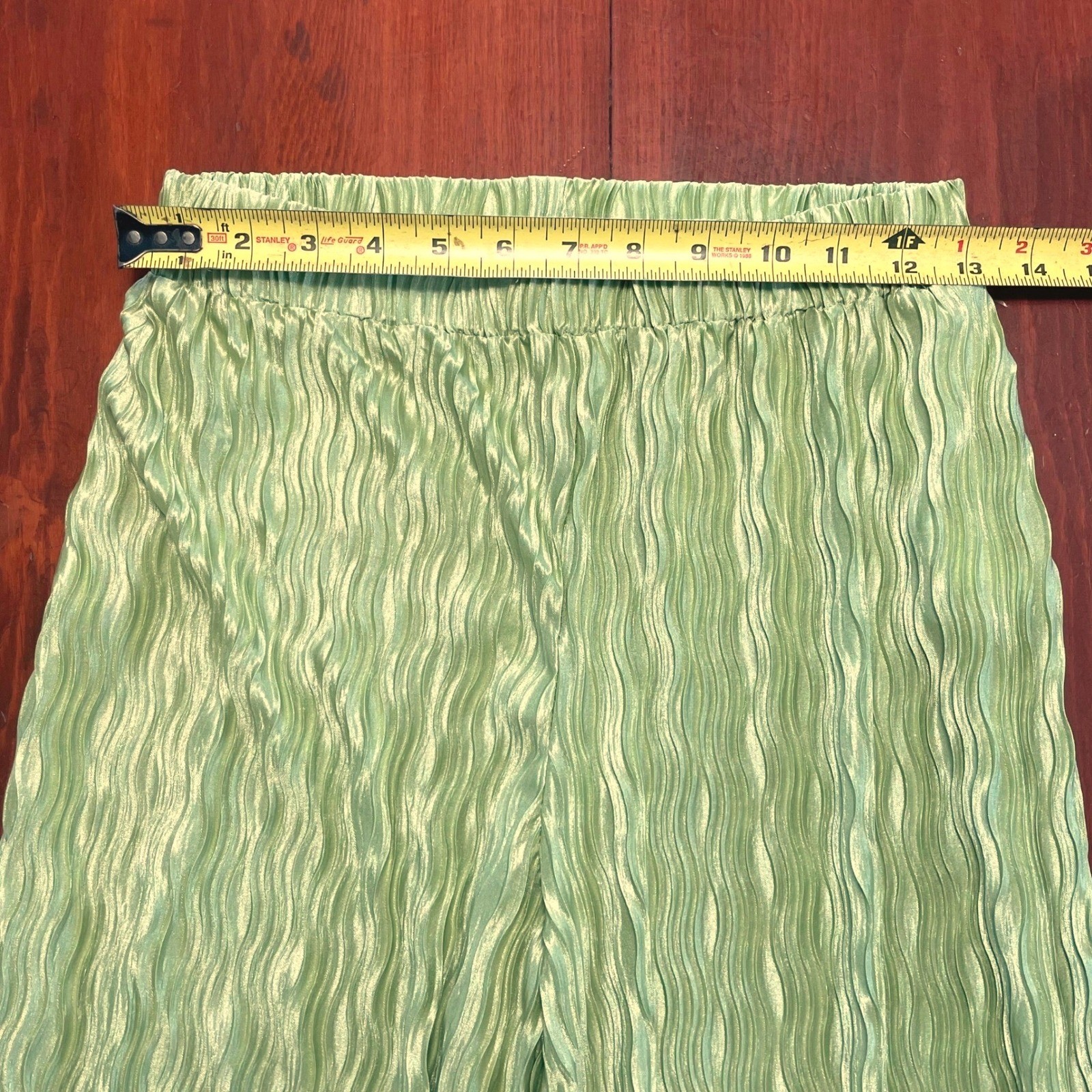 Blue Blush Plissé Satin Wide Leg Pants Small Green Crinkle Palazzo Elastic Wai