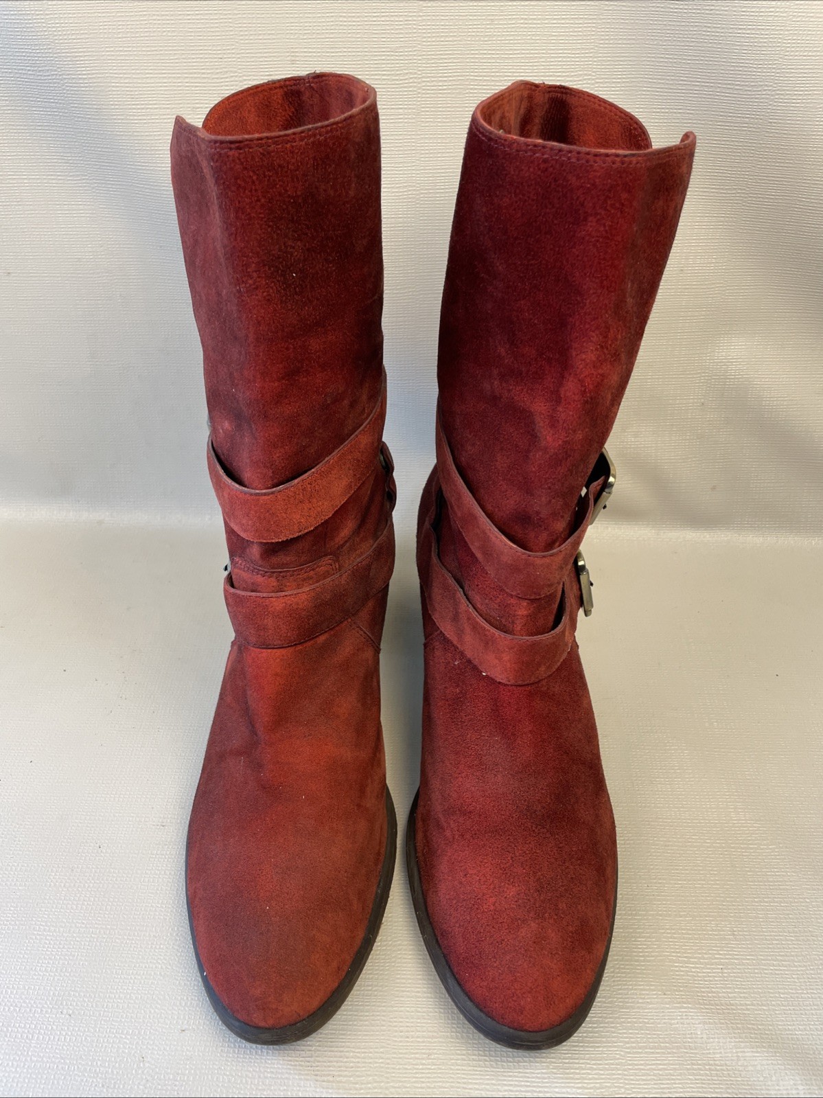 Donald J Pliner Moto Boot Size 10 M Mid Calf Distressed Red Suede Buckle Foldup