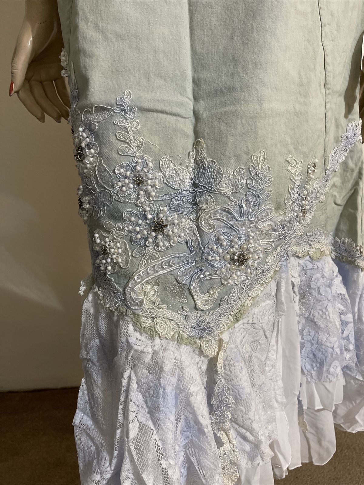 Light Blue White Denim Hippie Boho Beaded Embroidery Lace Size L(8-10) Skirt 710