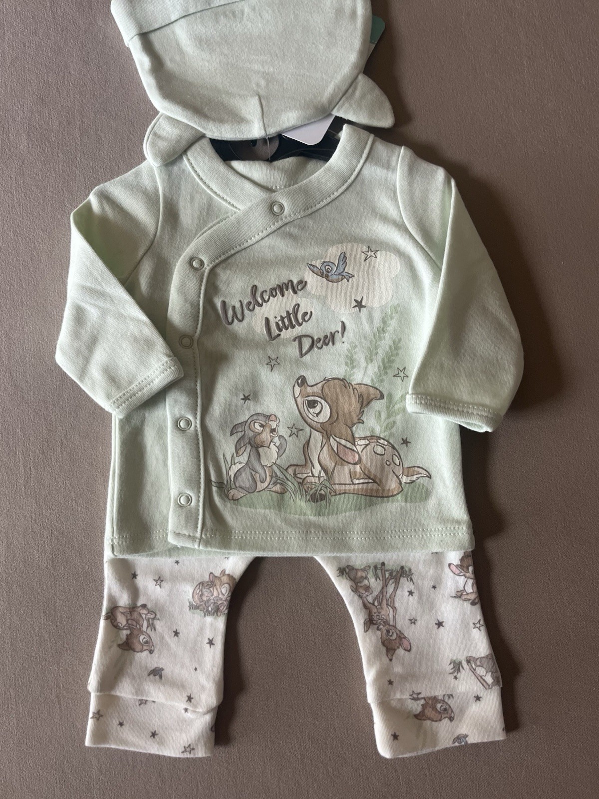 Disney Baby Unisex “Bambi & Thumper” Newborn Long-Sleeve Top, Pants & Bib, New!