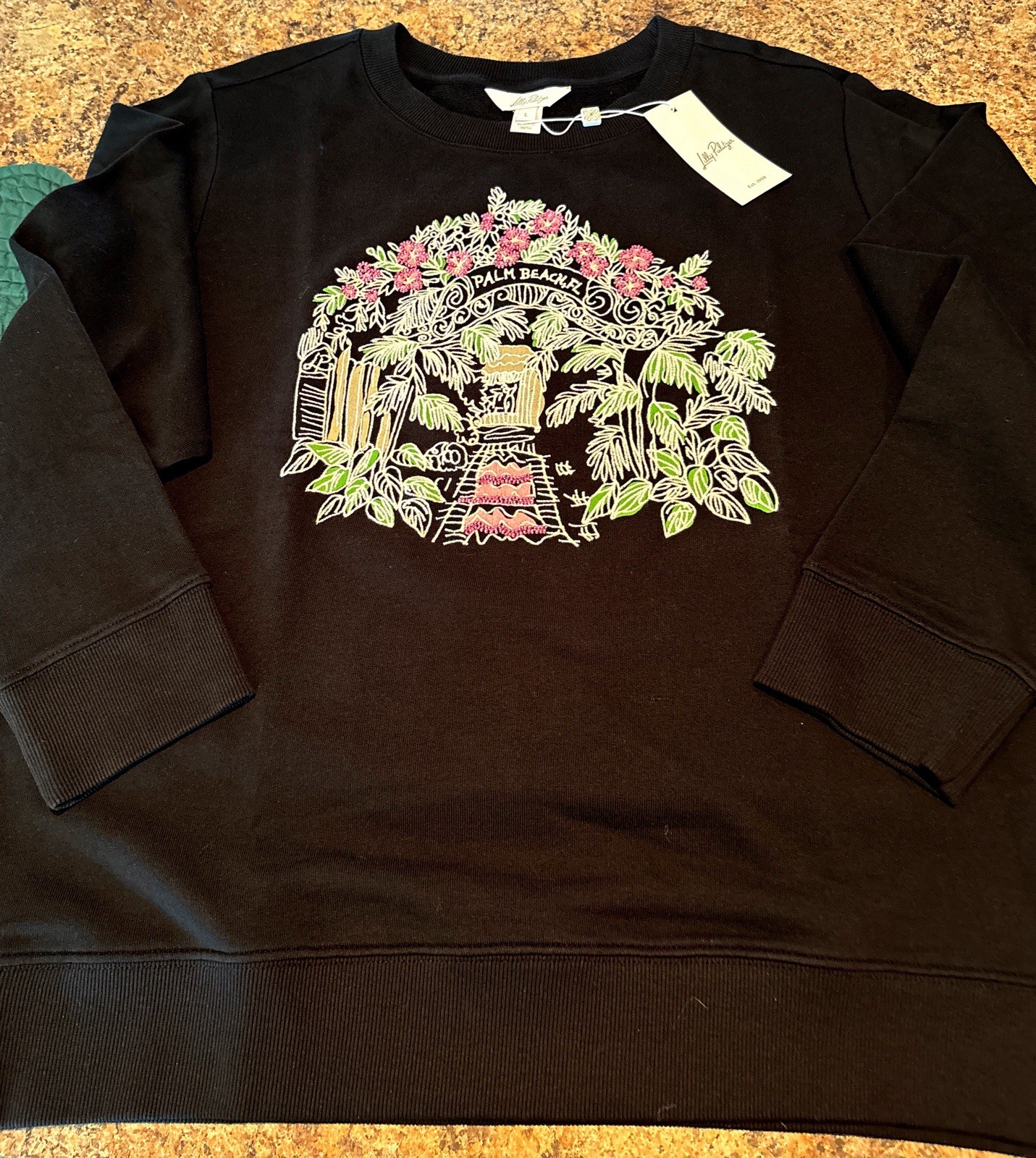NWT Lilly Pulitzer Ballad Embroidered Sweatshirt LRG/XL in Palm Beach Toile Noir