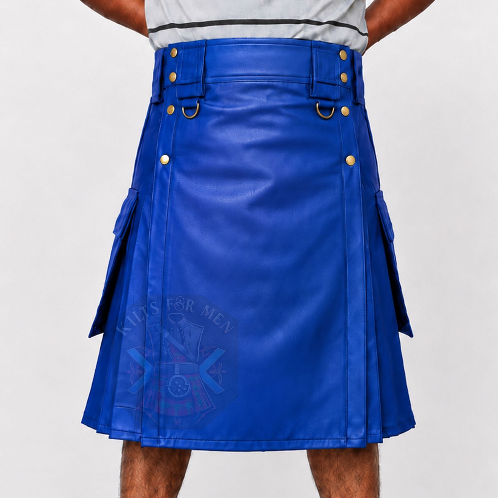Royal Blue Leather Kilt for Men – Handmade Genuine Cow Leather Utility Cargo