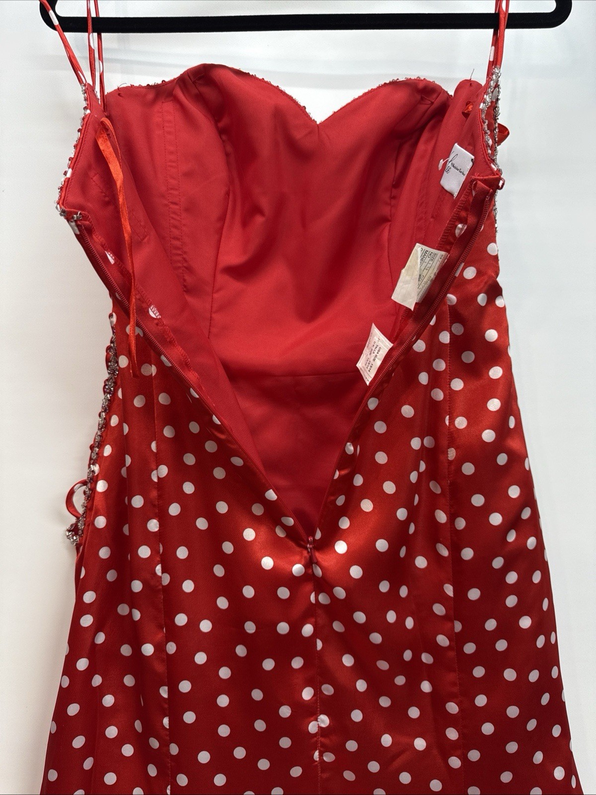 Mori Lee Formal Gown Maxi Dress Sz 13/14 Red White Polka Dot Beaded Sides LaceUp