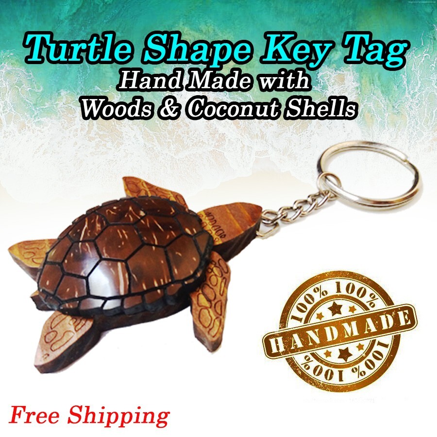 100% Handmade Woods and Coconut Shells Turtle figure key tag gift free shipping