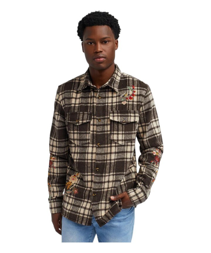 Reason Botanic Embroidered Flannel Overshirt Button Up Brown Men’s Size Medium