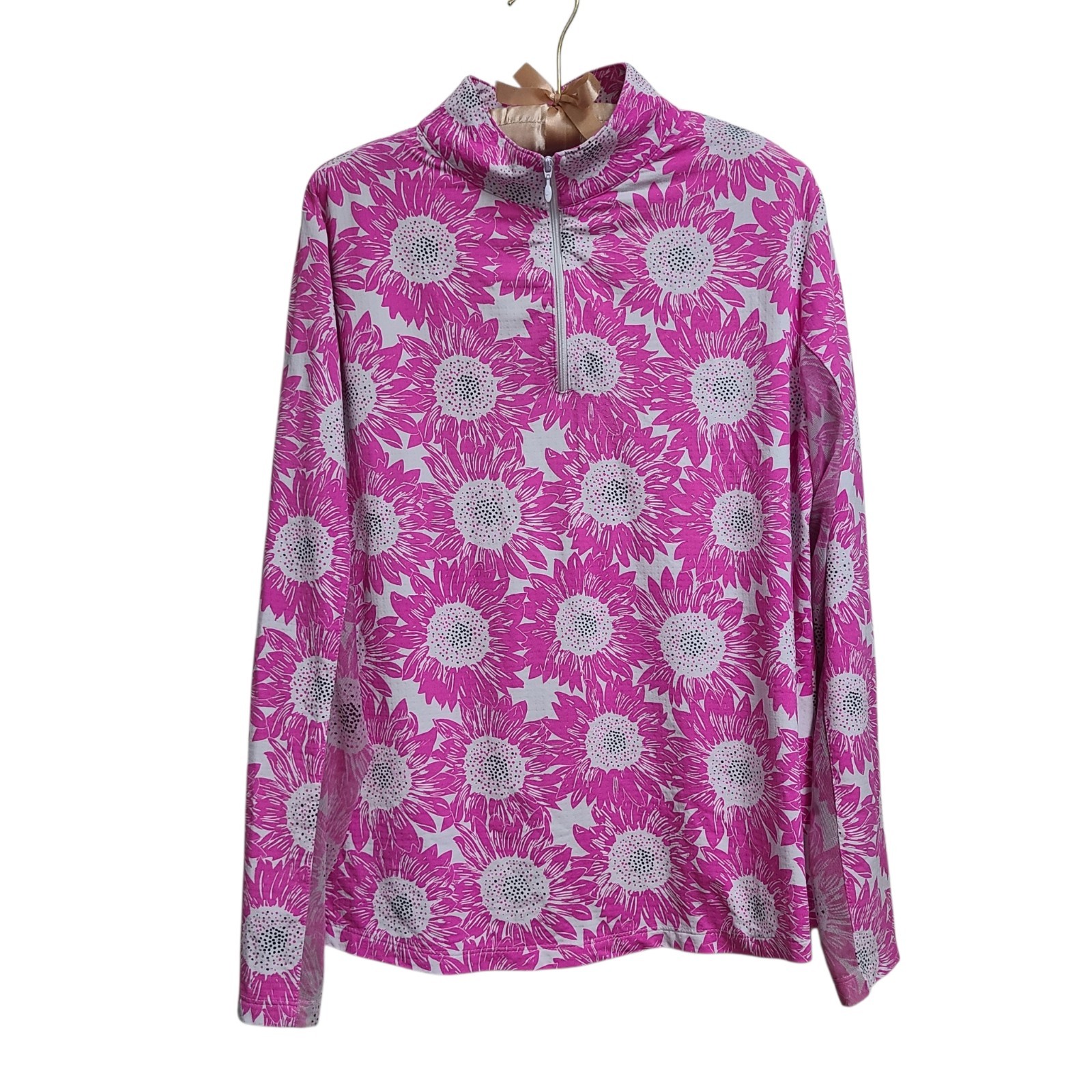 IBKUL RUTHIE HOT PINK Floral Long Sleeve Shirt Women’s XL 1/4 Zip mock neck
