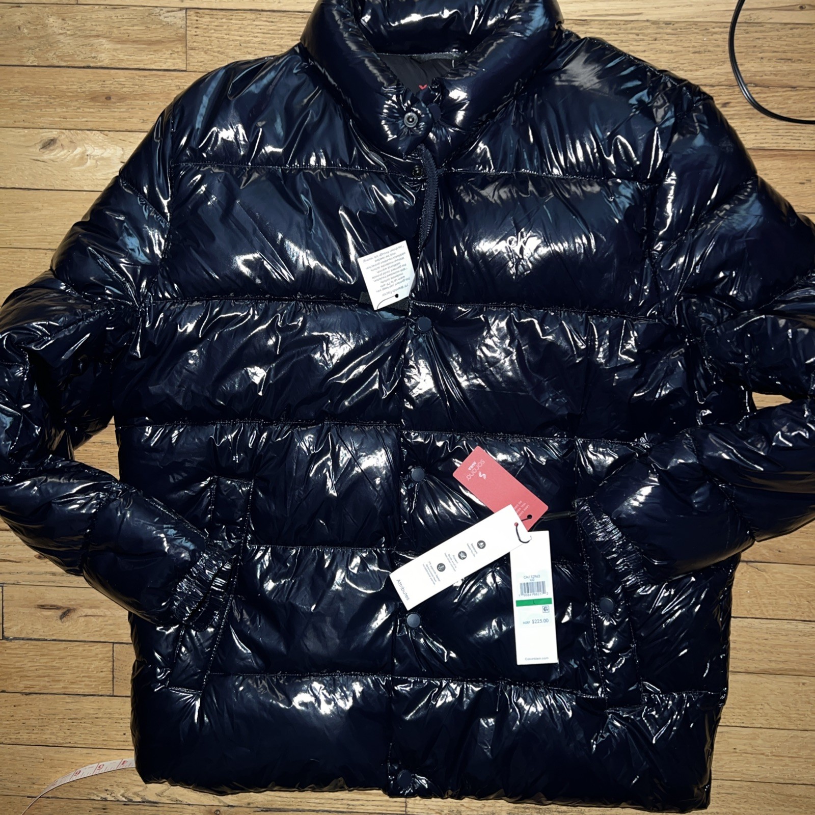 $225 NWT CALVIN KLEIN MENS SNAP FRONT PUFFER JACKET COAT NAVY SHINY LARGE