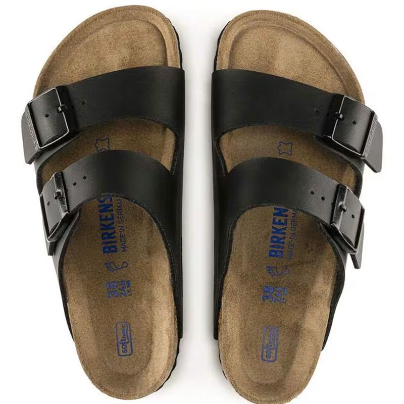 Birkenstock Arizona Black Birko-Flor Leather Soft Footbed Unisex Casual Sandals
