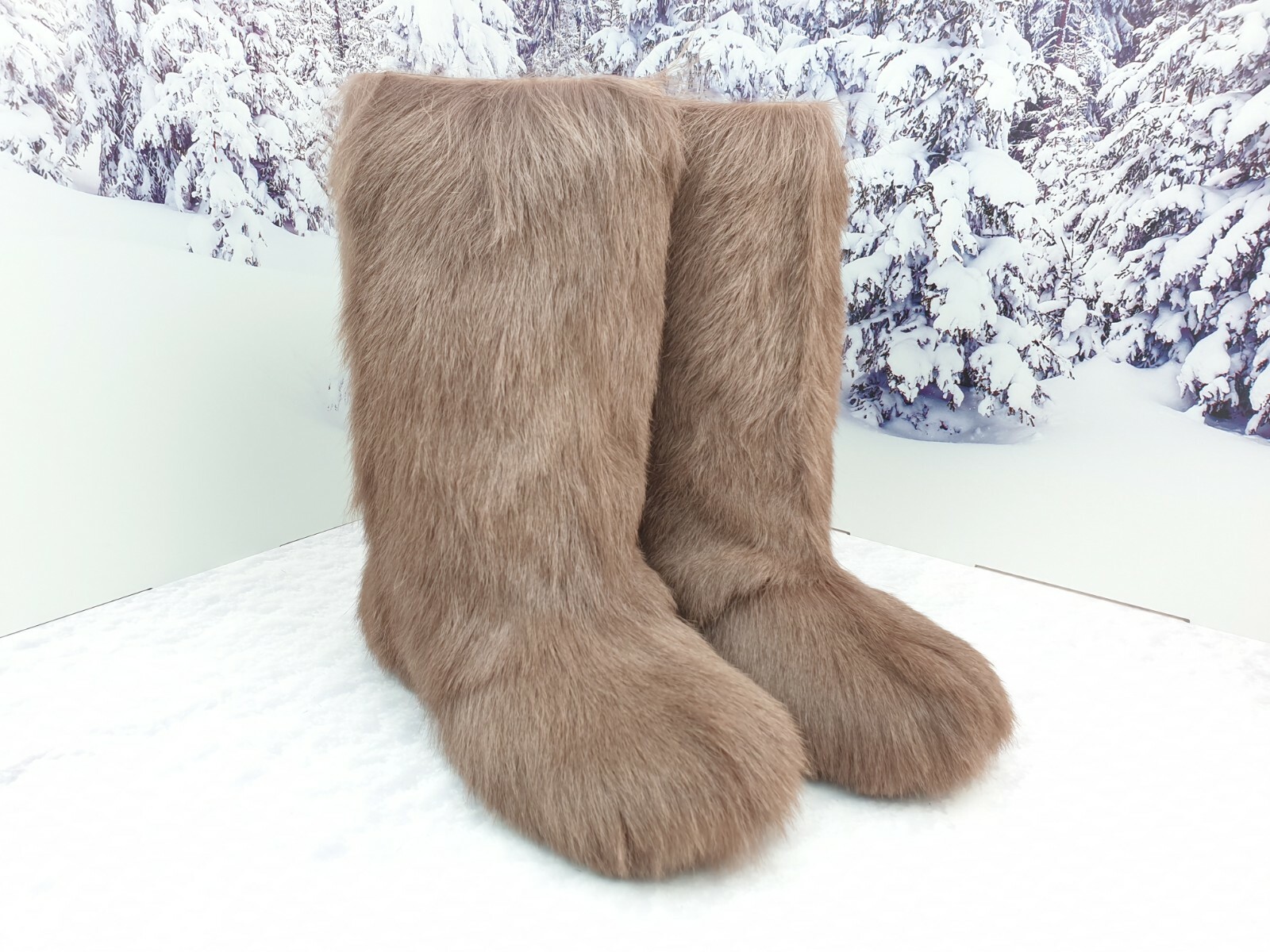 Brown Mocha Mousse Goat Fur Winter Snow Boots for Women, Furry Moutons