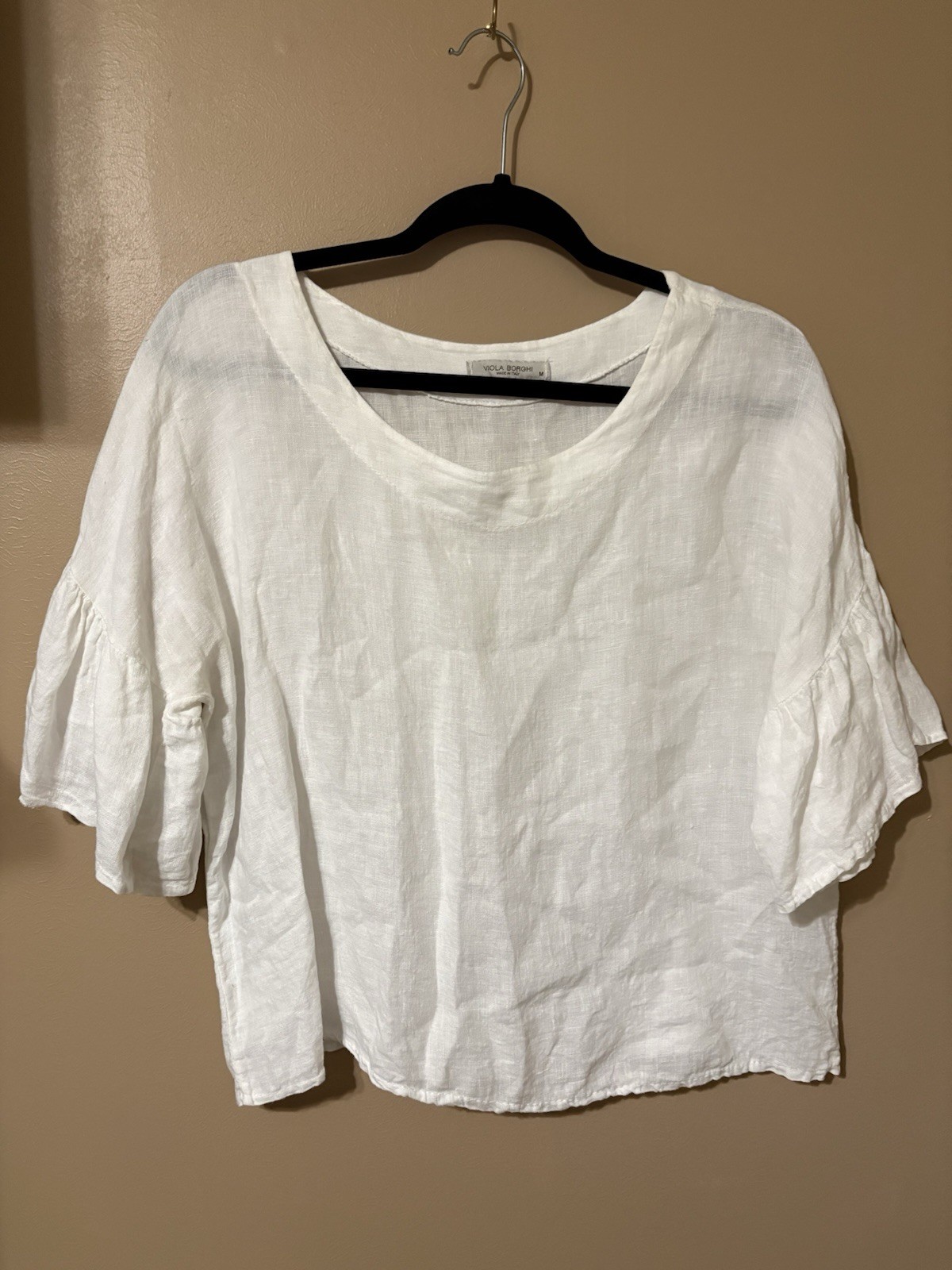 Viola Borghi Popover Top 100% Linen Ivory Ruffled Sleeves Made in Italy Size M