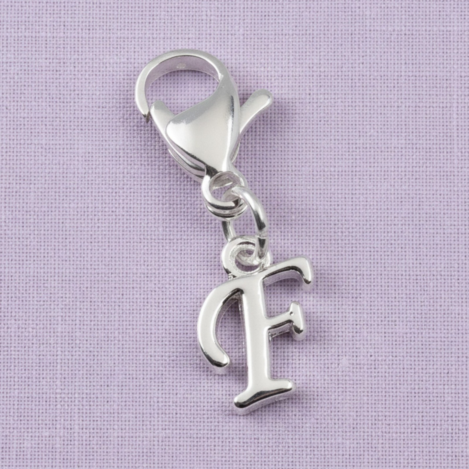 Silver Letter “F” Clip On Charm, Cursive Script Initial Dangle + Lobster Clasp