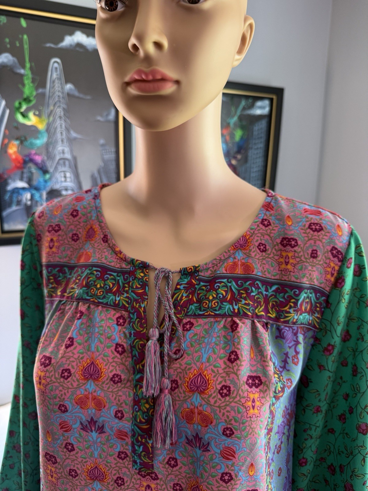 Dalia Women’s Pink Green Floral Mixed Print Peasant Blouse – Sz See Measurements