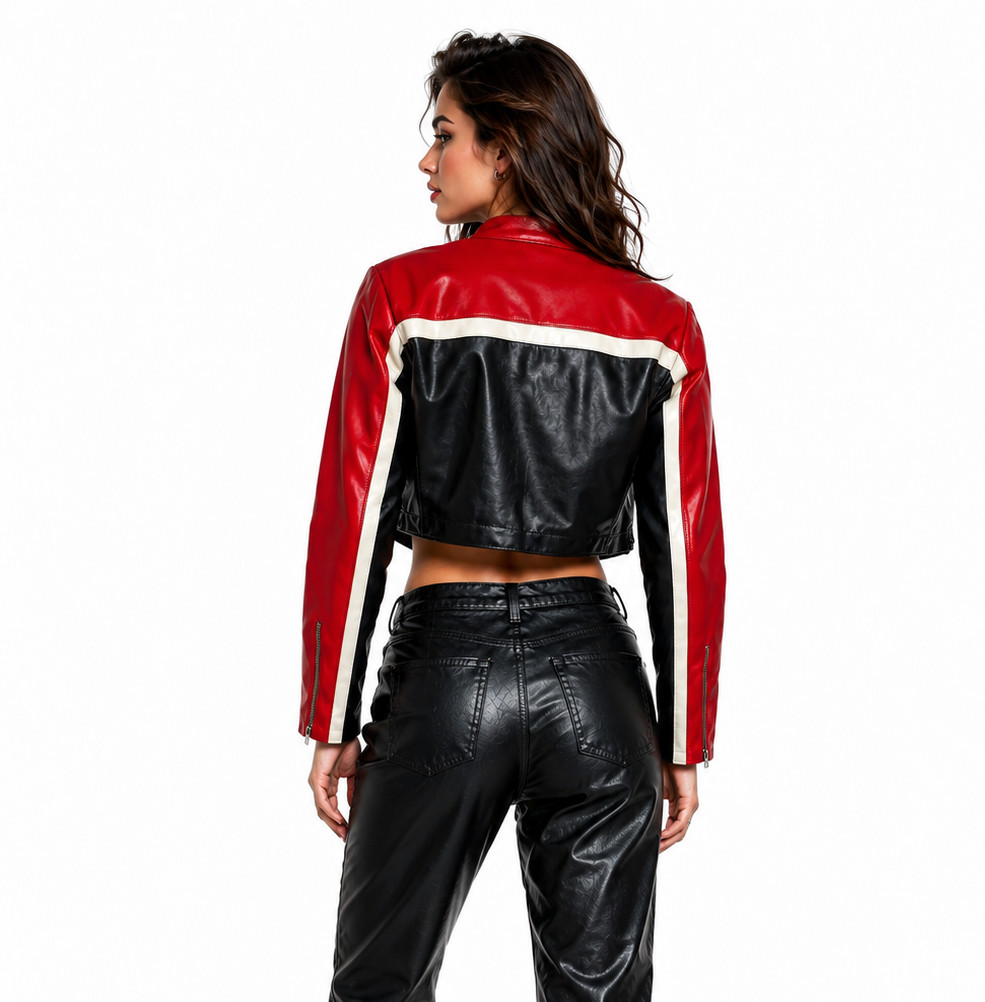 Women’s Red Black Genuine Leather Biker Jacket | Slim Fit Cropped Moto Jacket