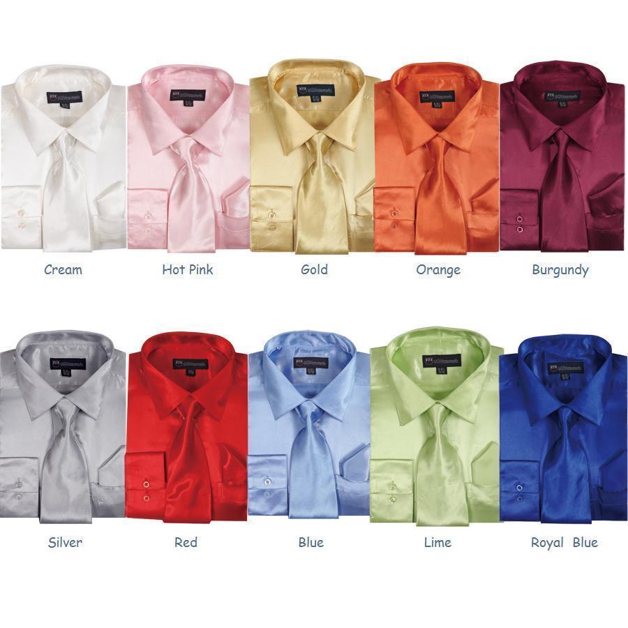 Men’s Shiny Satin Polyester Formal Dress Shirt w/ Tie and Hanky Set #08 Solid