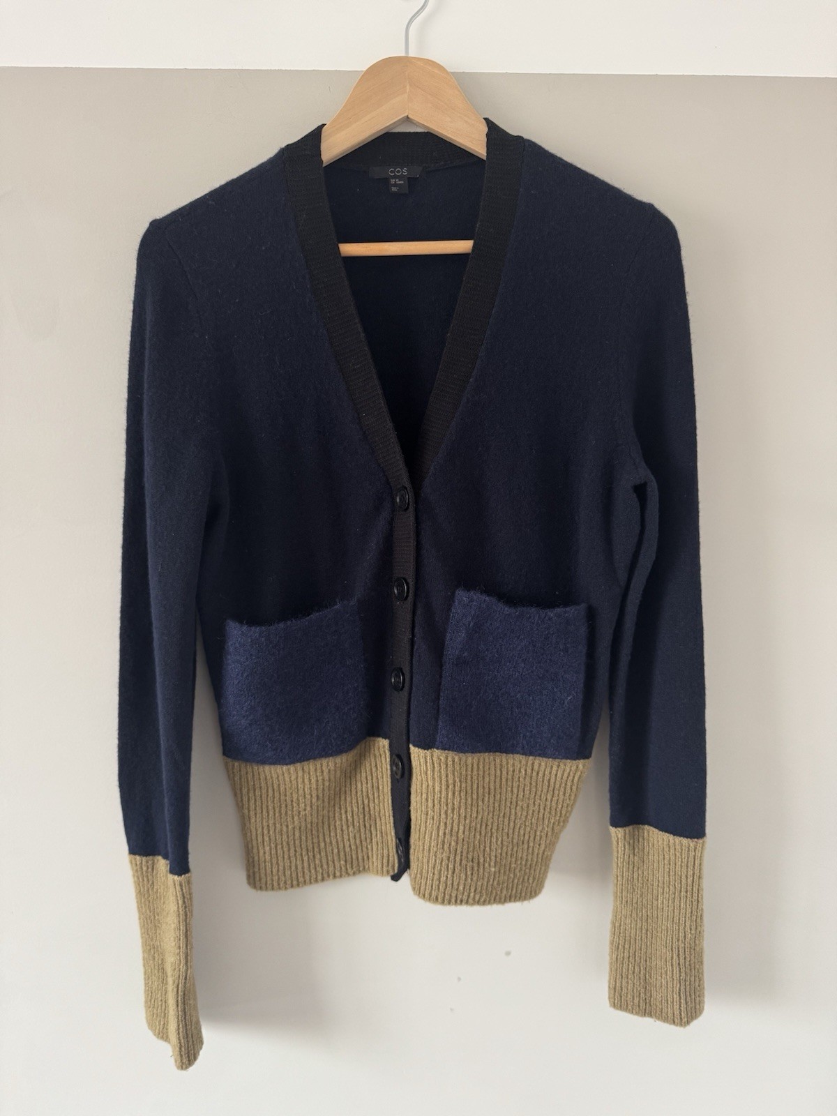 COS Colour Block Wool Blend Cardigan XS Navy Camel Mohair Pocket Knit